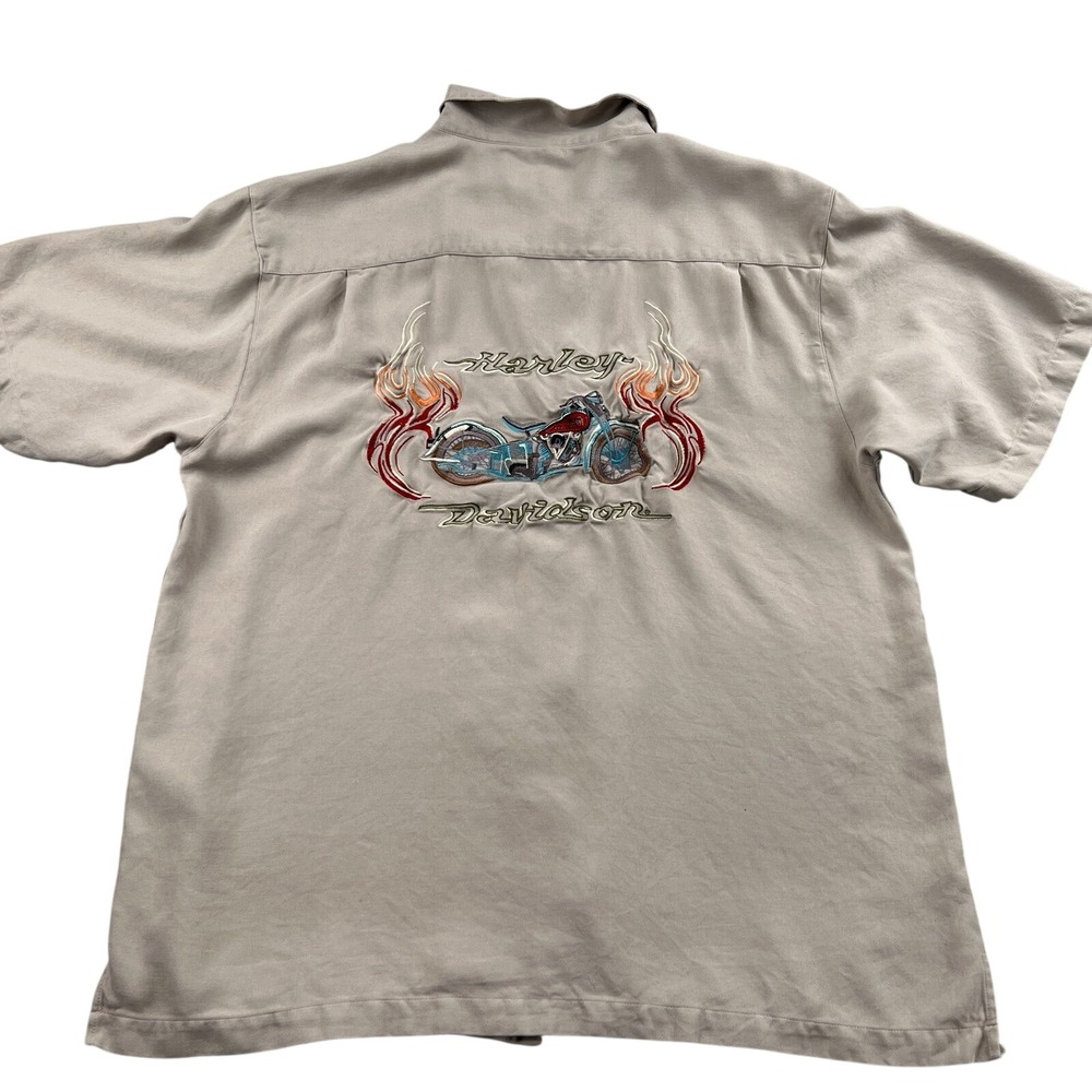 Tommy Bahama Harley Davidson Embroidered Camp Shirt XL Tan Men Silk Blend Biker